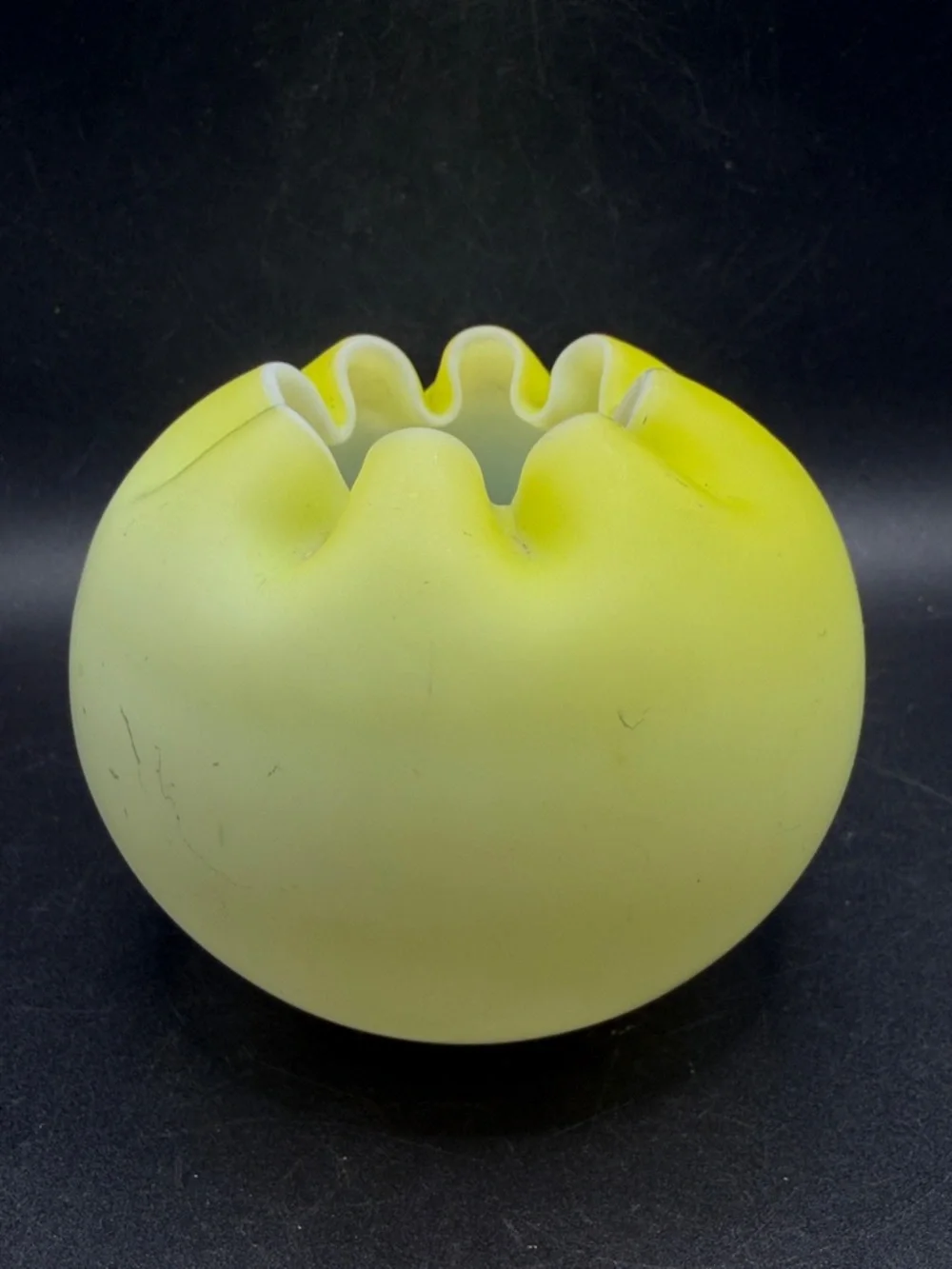 Vintage Yellow Cased Satin Glass Rose Bowl Vase Crimped Edge Tabletop Vessel - Picture 2 of 8
